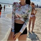 Flower Print Long-sleeve Bikini Set