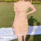 Plaid Puff-sleeve Qipao Sheath Dress