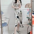 V-neck Print Tie-waist Ruffle Hem Midi Dress