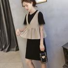 Set: Short-sleeve T-shirt Dress + V-neck Ruffle Vest