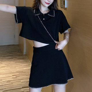 Short-sleeve Plain Collar Cropped Polo & Plain High-waist Mini Skirt