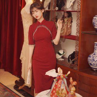 Short-sleeve Fringed Qipao Dress