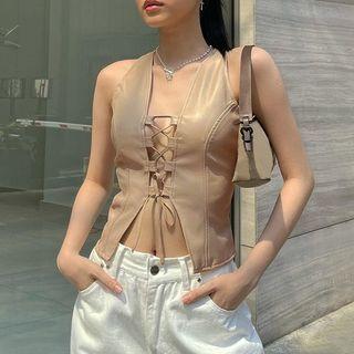 Sleeveless Lace-up Faux-leather Top