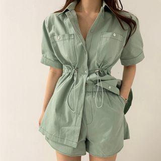 Set: Pocket-front Drawstring Short-sleeve Shirt/ High-waist Cargo Shorts