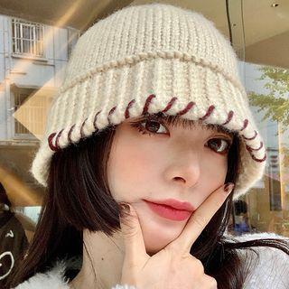 Contrast Stitching Knit Bucket Hat Beige - One Size
