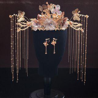 Wedding Set: Rhinestone Fringe Tiara + Dangle Earring Set Of 2 - Tiara & 1 Pair - Dangle Earring - Clip-on Earring - As Shown In Figure - One Size