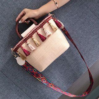 Embroidered Trim Fringed Woven Shoulder Bag
