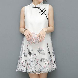 Mandarin Collar Embroidered Sleeveless A-line Dress