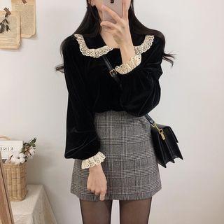 Lace-trim Collared Velvet Long-sleeve Shirt Black - One Size
