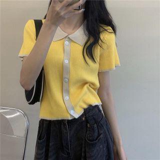 Short-sleeve Collared Button-up Contrast Trim Knit Top