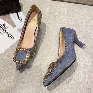 Kitten Heel Shirred Buckled Pumps