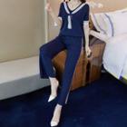 Set: Short-sleeve Sailor Collar Knit Top + Wide-leg Pants