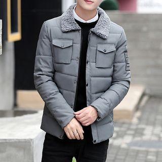 Fleece-collar Applique Padded Jacket