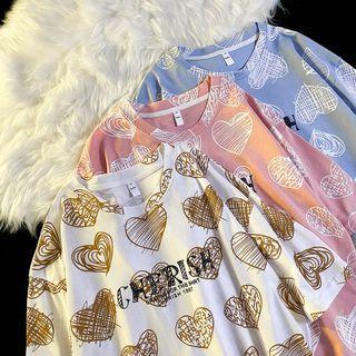 Elbow Sleeve Heart Print T-shirt