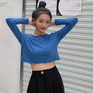 Frill Trim Long-sleeve Embroidered Knit Top