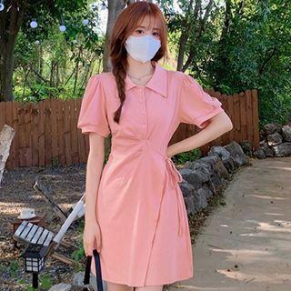 Puff-sleeve Collar Asymmetrical Hem Tie-strap Mini A-line Dress