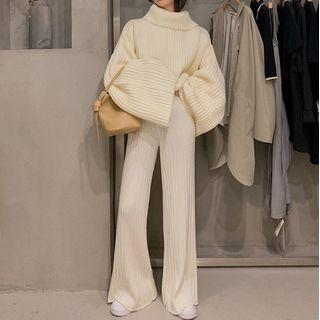 Bell-sleeve Turtleneck Sweater / High-waist Boot-cut Pants