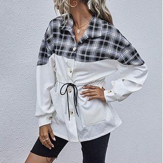 Long Sleeve Tie-waist Check Button Top