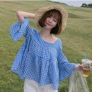 Lace-up Back Plaid 3/4-sleeve Top