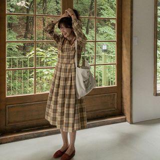 Lace-trim Plaid Dress Khaki - One Size