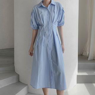 Puff-sleeve Pintuck Long Shirtdress