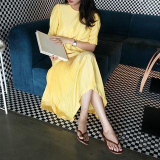 Puff-sleeve Pleated Long Dress