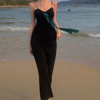Spaghetti-strap Ribbon Midi Sheath Dress