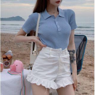 Short-sleeve Polo Knit Top / Wide-leg Shorts