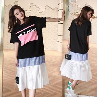 Elbow-sleeve Printed Pleated Midi Dress