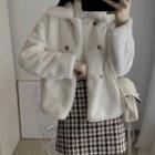 Double-breasted Fleece Jacket / Plaid Mini A-line Skirt / Set