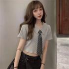 Retro Polo Collar Short-sleeved Top Gray + Tie - One Size