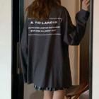 Long-sleeve Lettering Crop Loose-fit T-shirt Gray - One Size