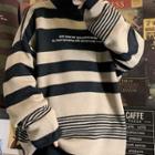 Lettering Print Striped Turtleneck Sweater