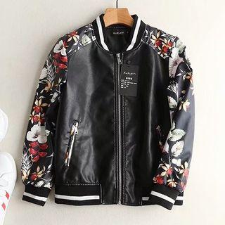 Floral Print Faux Leather Jacket