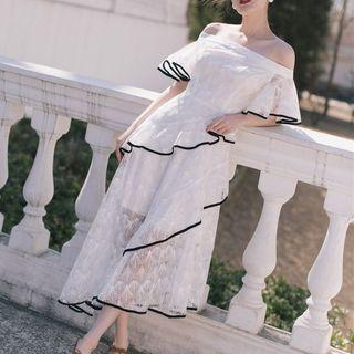 Elbow-sleeve Off Shoulder Ruffled Lace Midi Dress