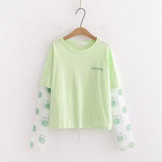 Mock Two-piece Long-sleeve Smiley Print T-shirt