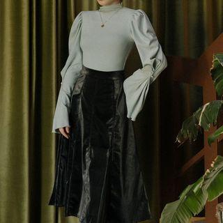Set: Bell-sleeve Top + Midi A-line Skirt + Pendant Necklace