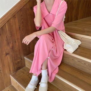 Faux-pearl Button Short-sleeve Chiffon Midi Dress