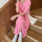 Faux-pearl Button Short-sleeve Chiffon Midi Dress