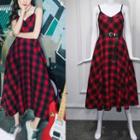Spaghetti Strap Plaid A-line Dress / Faux Leather Belt