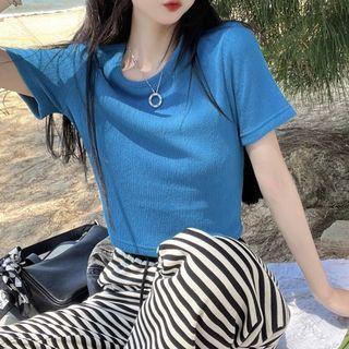 Plain Short-sleeve T-shirt / Striped Wide Leg Pants