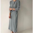 Long-sleeve Tie-waist Midi Shift Dress