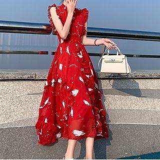 Short Sleeve Spaghetti Strap Off-shoulder Floral Chiffon Dress