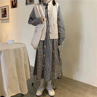 Check Long-sleeve Loose-fit Shirtdress / Cable Knit Vest