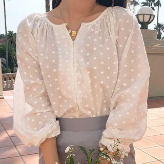Puff Sleeve Dotted Blouse White - One Size