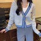 Letter Embroidered Striped Cardigan Stripes - Blue & White - One Size