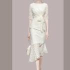 Short-sleeve Dotted Asymmetrical Midi Sheath Dress