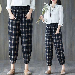 Plaid Cropped Pants Navy Blue - Plaid - F