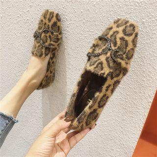 Leopard Print Rhinestone Furry Flats