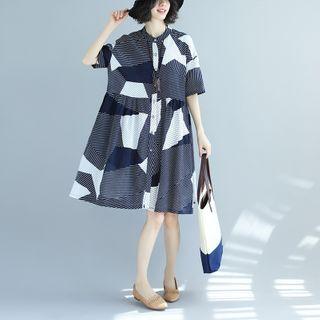 Elbow-sleeve Print Button-up Midi Dress
